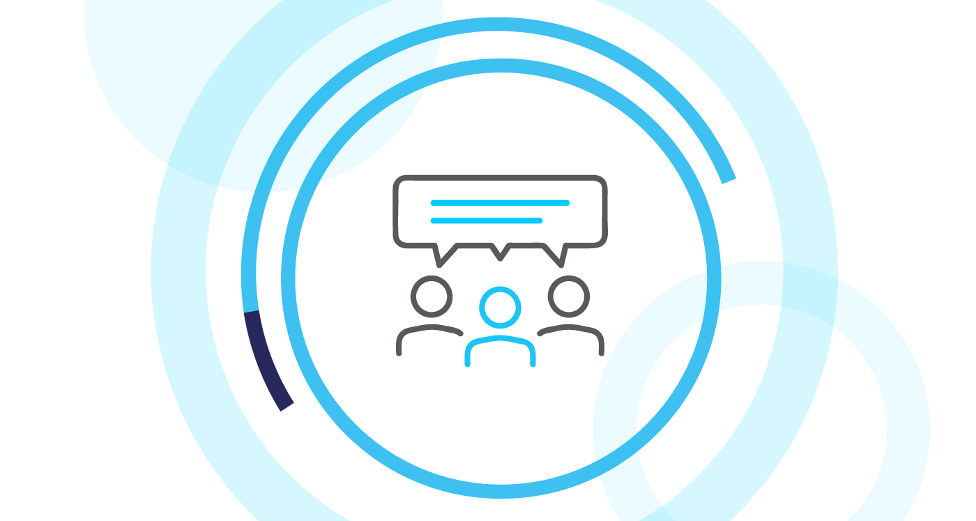 Icon of 3 people all talking together , symbolizing communication. Icon is surrounded by cyan circles