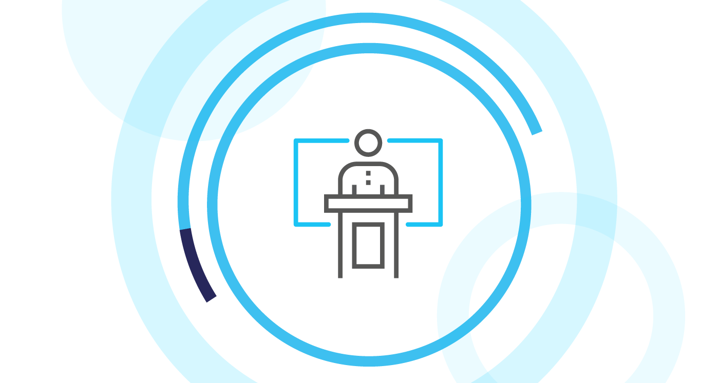 Icon of a person standing at a lectern to present, symbolizing leadership and guidance. Icon is surrounded by cyan circles