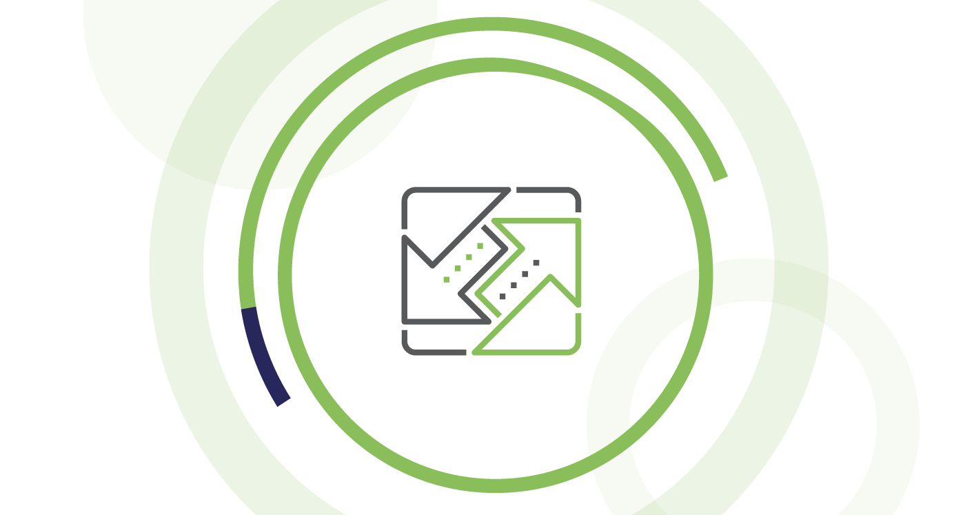 Icon of two arrows in different directions , symbolizing transformation and procurement . Icon is surrounded by lime circles