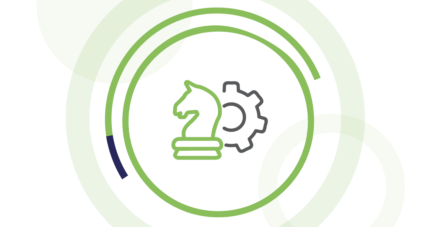 Icon of a chess piece with a cog, symbolizing strategy and transformation. Icon is surrounded by lime circles