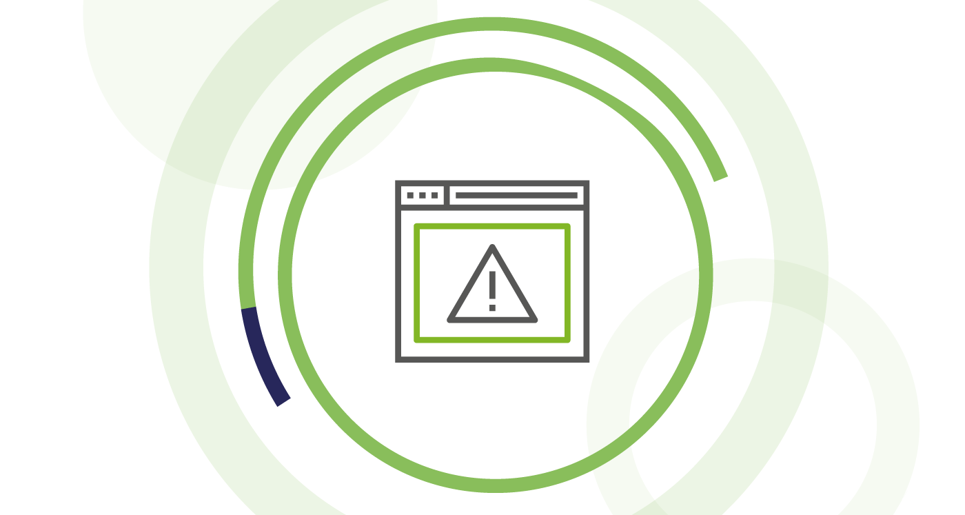 Icon of an alert triangle in a computer screen, symbolizing risk. Icon is surrounded by lime circles