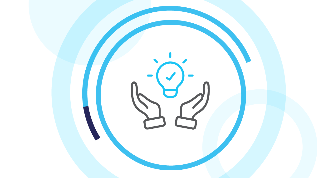 Icon of two open hands with a lightbulb above them, symbolizing working together/ idea generation. Icon is surrounded by cyan circles