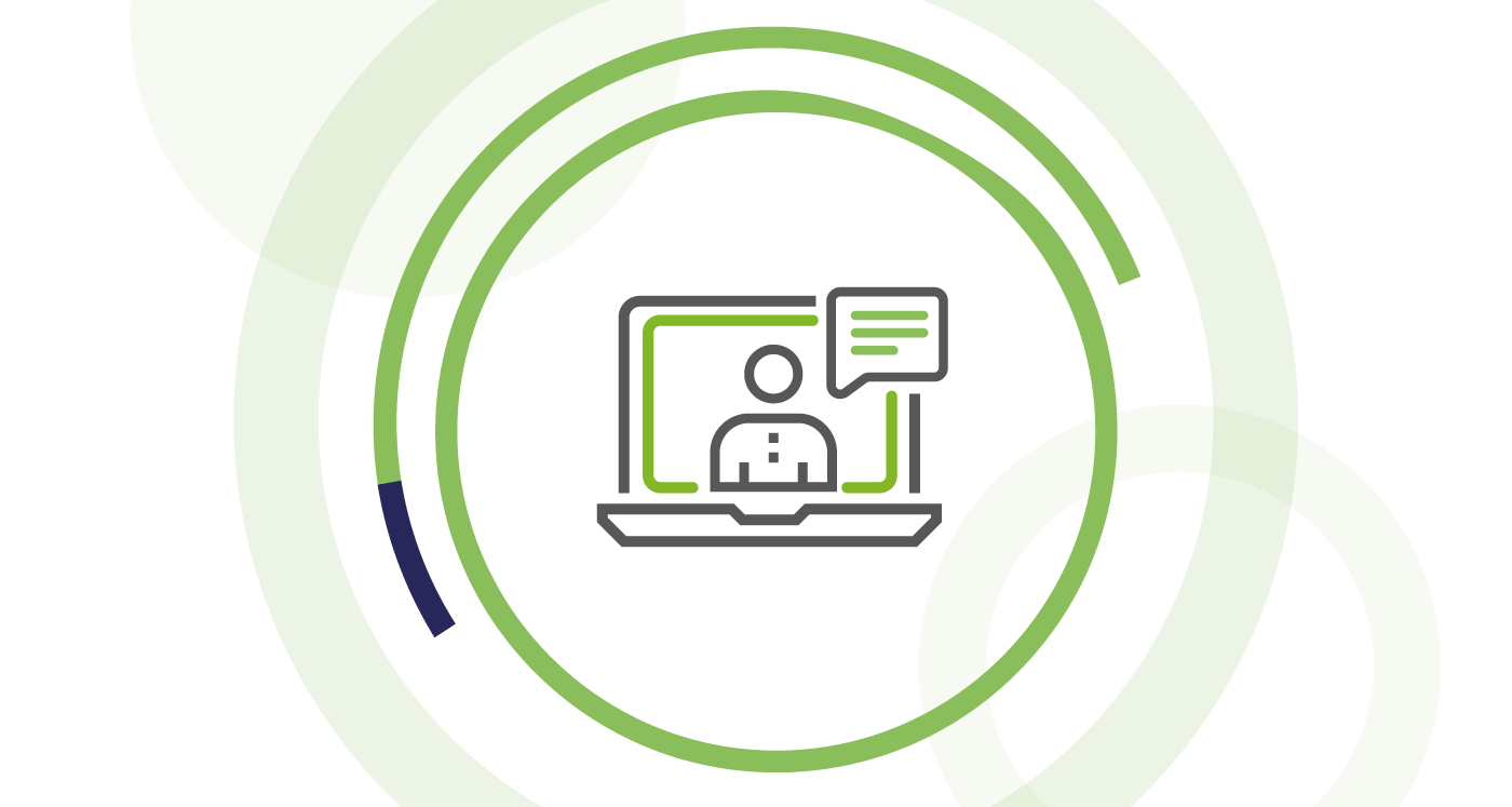 Icon of a person on a screen with a speechbubble, symbolizing communication. Icon is surrounded by lime circles