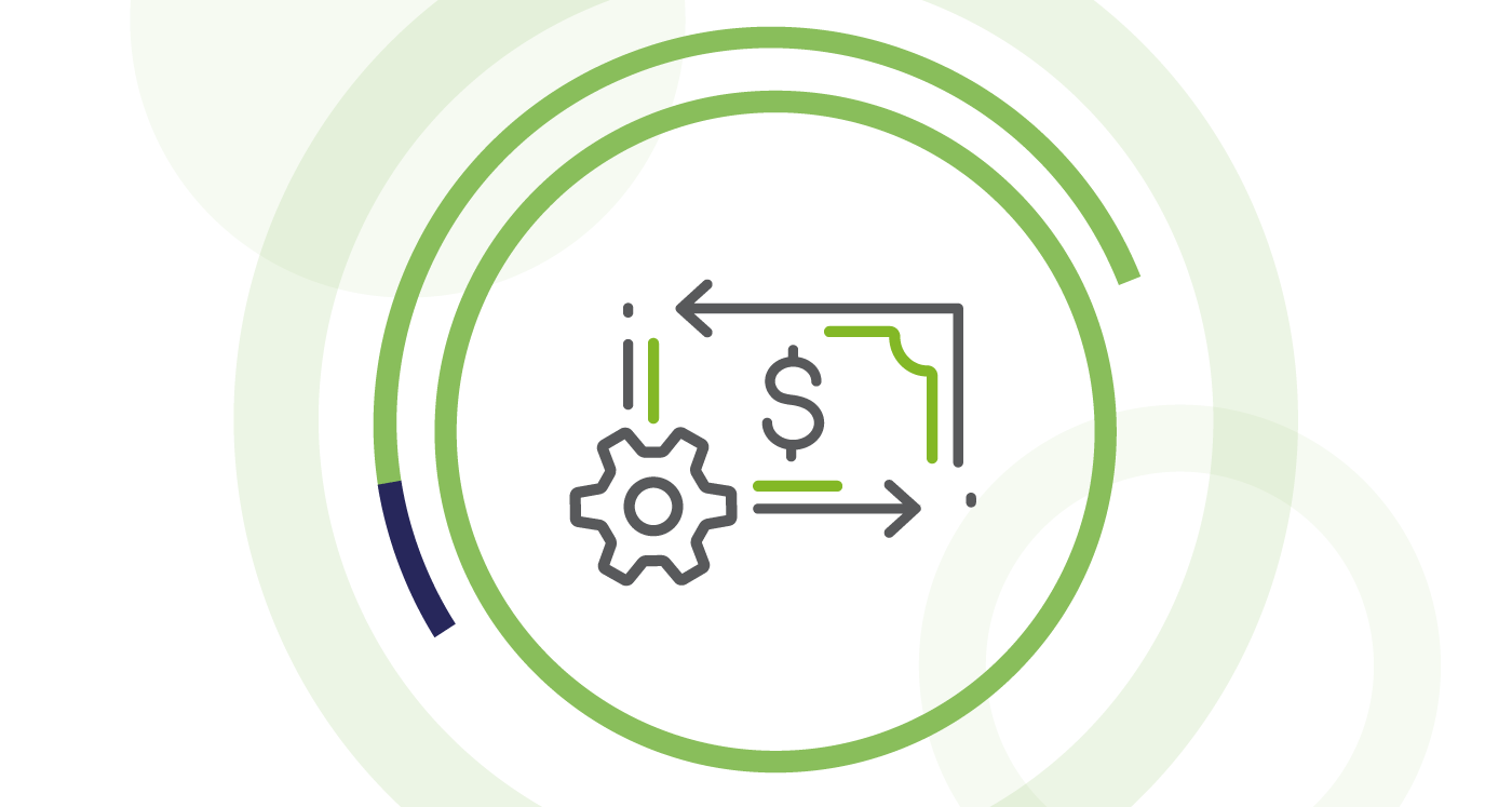 Icon of a money bill with a cog wheel, symbolising financial processes. Icon has lime circles in the background