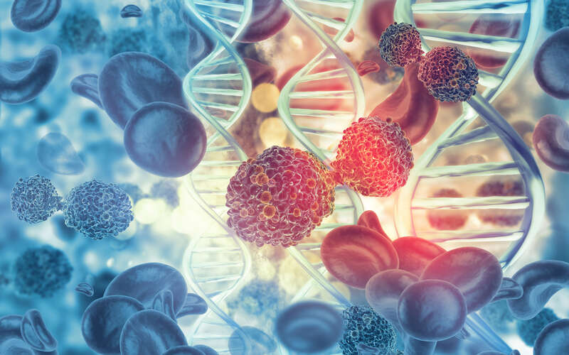 Cancer cells on dna stand background. 3d illustration