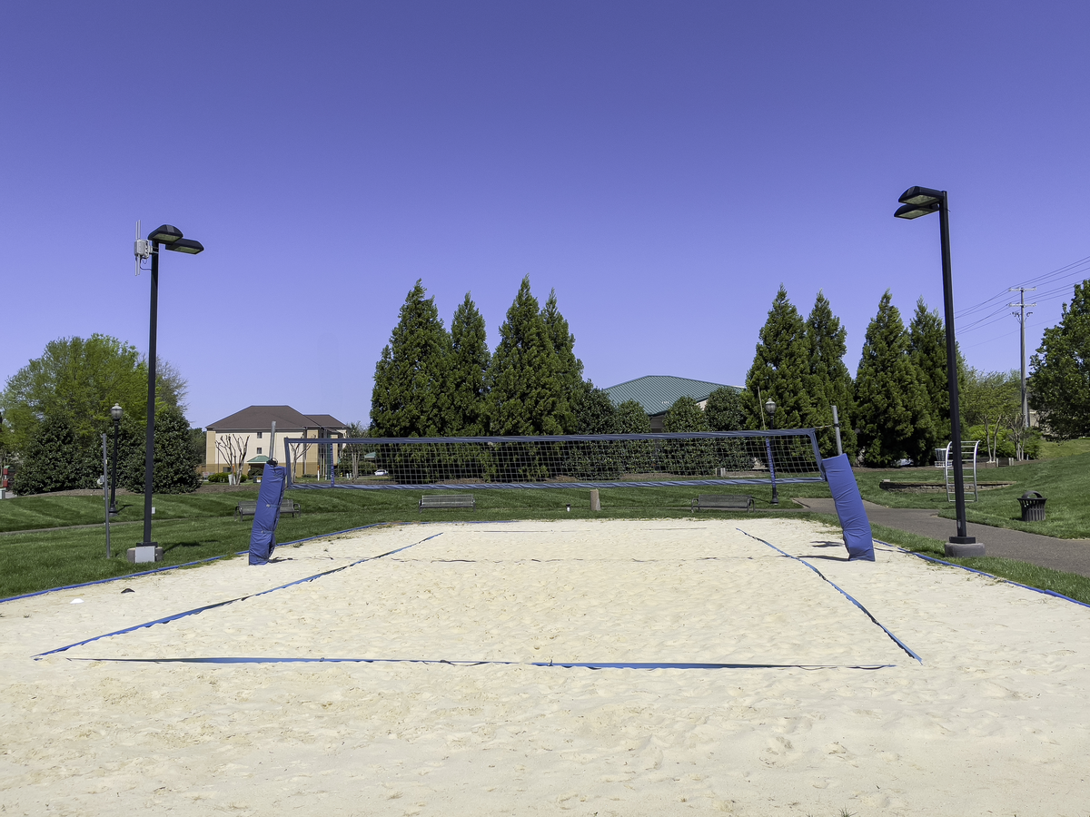 volleyball court with sand and a net