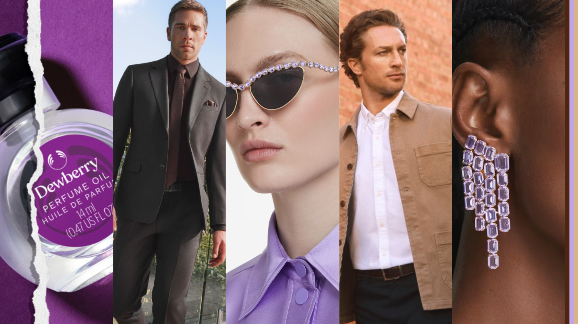 The image is a triptych featuring three stylish close-up portraits. On the left, a woman wears chic cat-eye sunglasses adorned with sparkling lavender gems and a matching lavender collared shirt, exuding modern elegance. In the center, a man is dressed in a smart-casual outfit with a beige jacket over a white button-up shirt, looking off-camera with a confident, relaxed expression. On the right, a close-up of a woman’s ear showcases a statement earring made of cascading lavender gemstones, highlighting luxury and bold accessorizing. The composition emphasizes fashion, sophistication, and complementary neutral and pastel tones.
