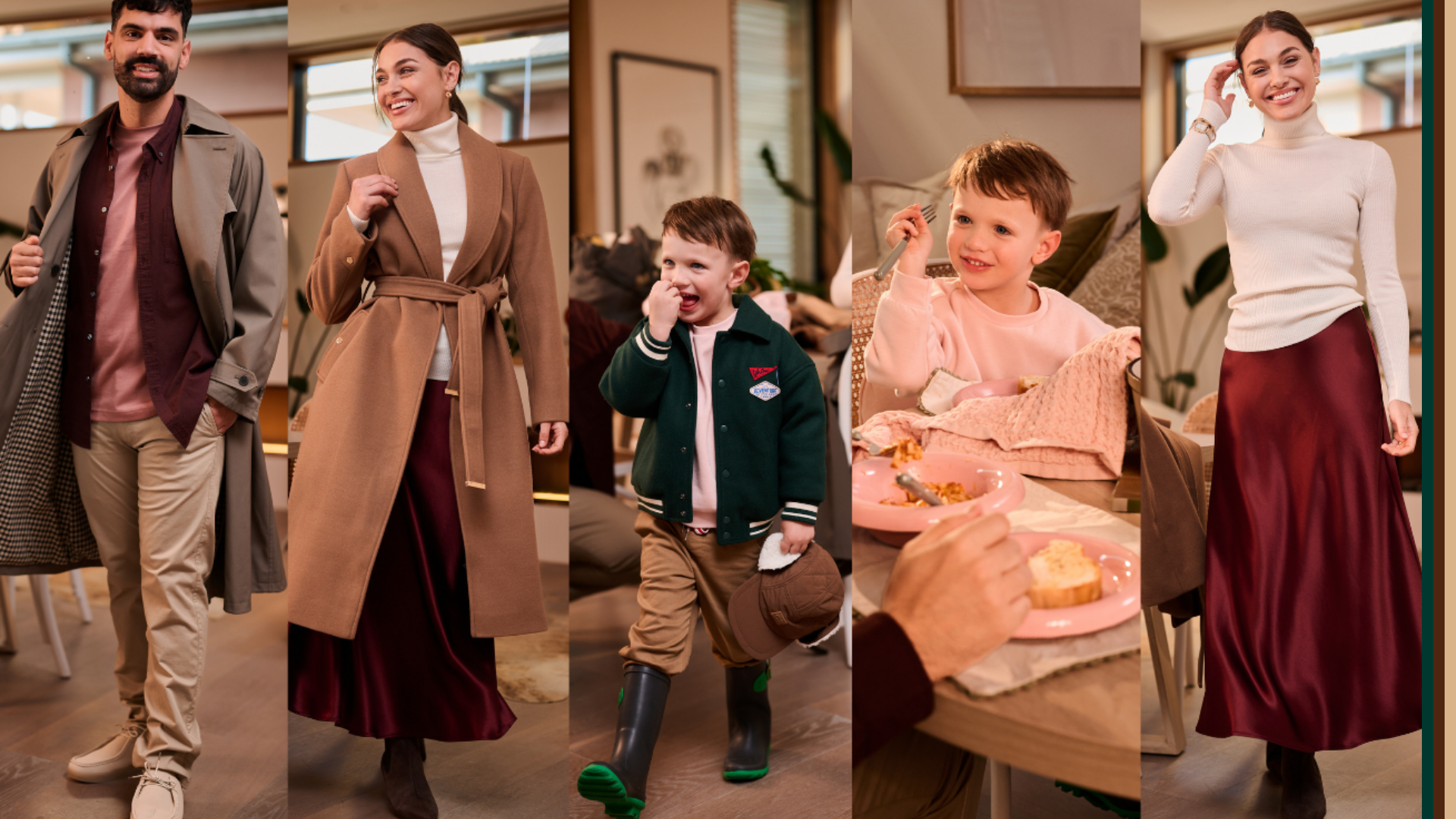 A warm-toned fashion collage featuring men’s, women’s and kids’ winter outfits, including trench coats, knitwear and seasonal layers styled in a cosy home setting.