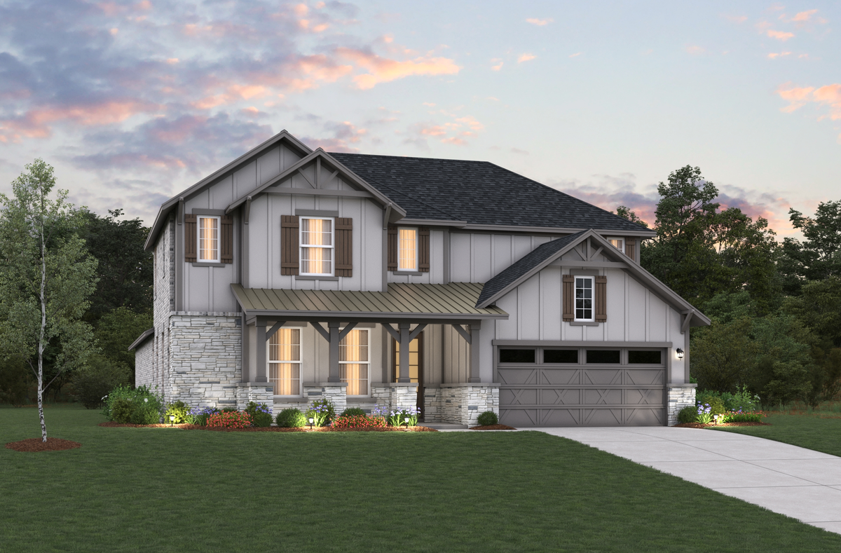 two-story home with front porch and stone accents