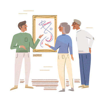 Illustration of people in museum