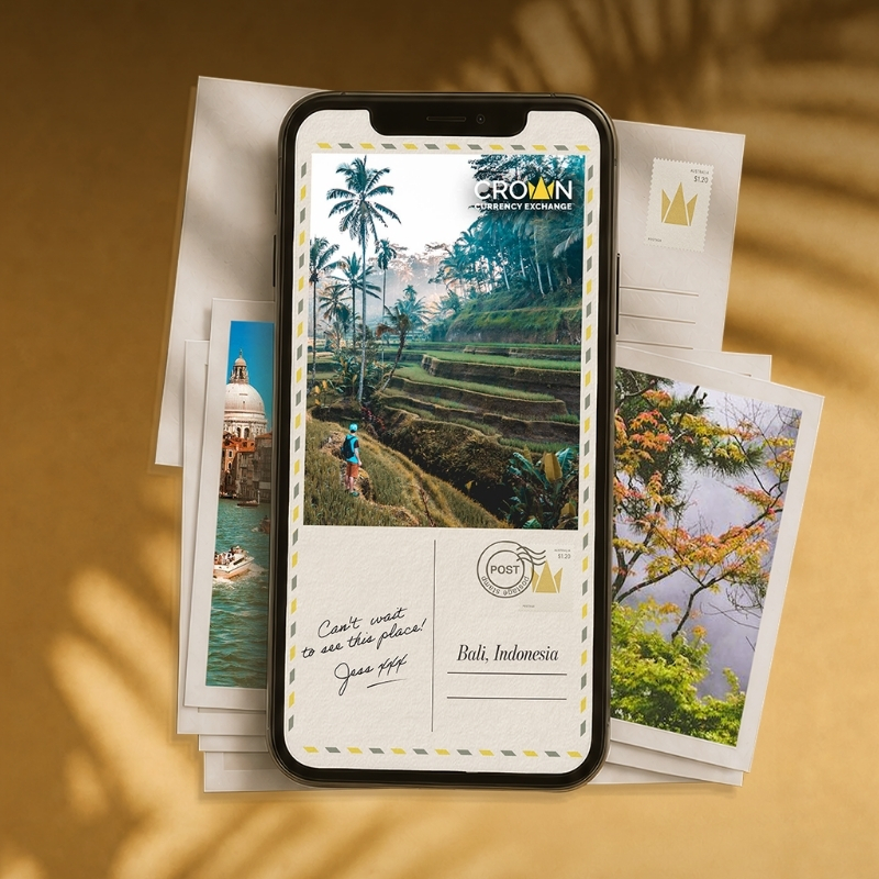Smartphone displaying a Crown Currency Exchange postcard ad styled as a vintage airmail postcard, showing a Bali rice terrace scene with a hiker, a handwritten note reading “Can't wait to see this place! Jess xxx,” and the caption “Bali, Indonesia.” Travel photo prints of a European canal and autumn foliage are scattered behind it on a warm golden background.