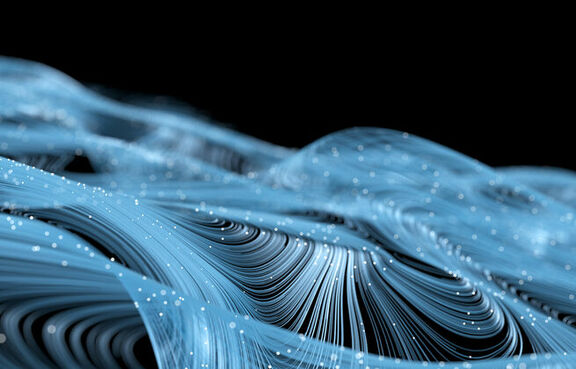 Digital artwork of blue lines and dots on a black background