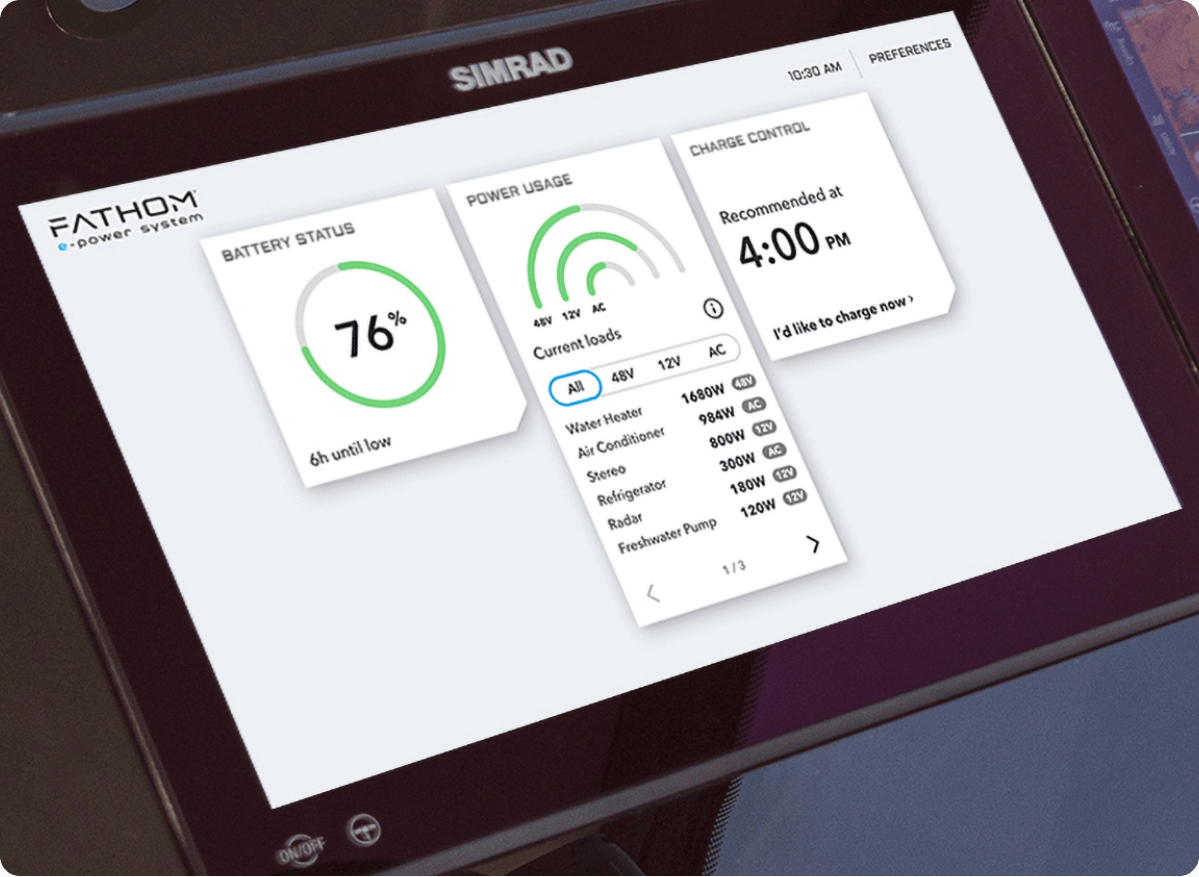 Fathom e-power system control screen on Simrad multi-function display