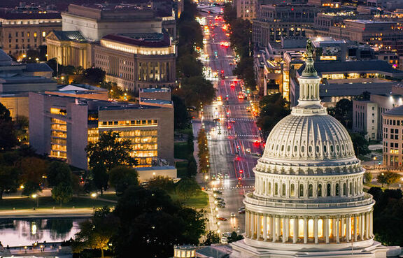 aerial view of Capitol building towards government offices on Pennsylvania avenue