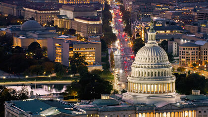 aerial view of Capitol building towards government offices on Pennsylvania avenue