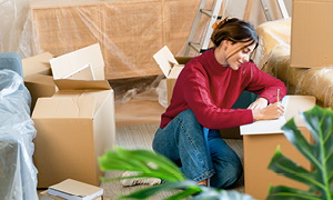 Mlada ženska v novem stanovanju preučuje zavarovanje bloka.