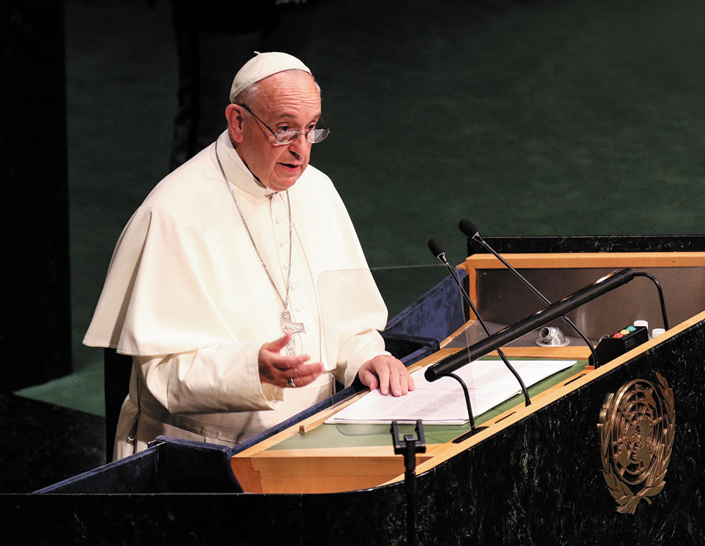 Pope Francis addresses world leaders gathered at the United Nations General Assembly, Sept. 25, 2015. (CNS photo/Gregory A. Shemitz)