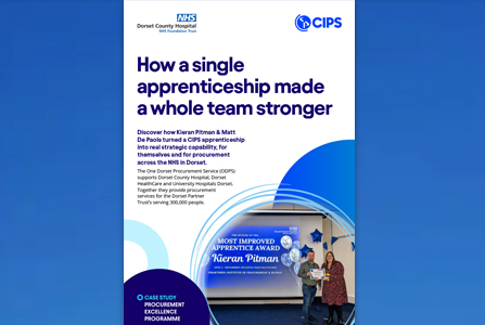 Case study graphic titled 'How a single apprenticeship made a whole team stronger' featuring CIPS and Dorset County Hospital NHS logos, text about Kieran Pitman and Matt De Paola, and a photo of Kieran Pitman receiving the 'Most Improved Apprentice Award'.