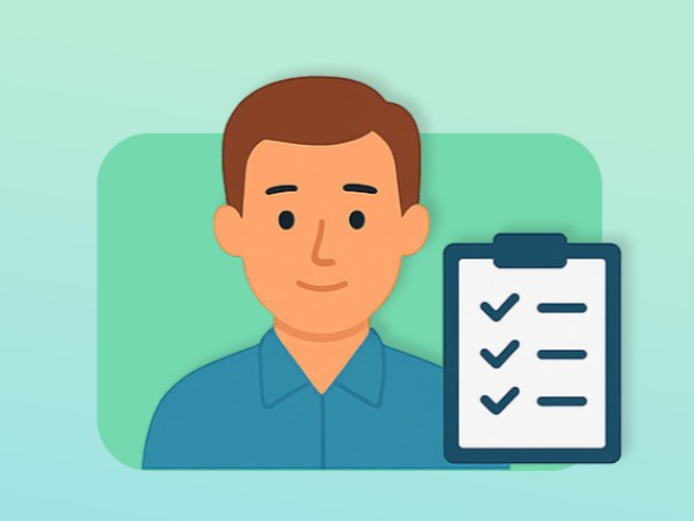 cartoon image of a man with a notepad with checkboxes next to him