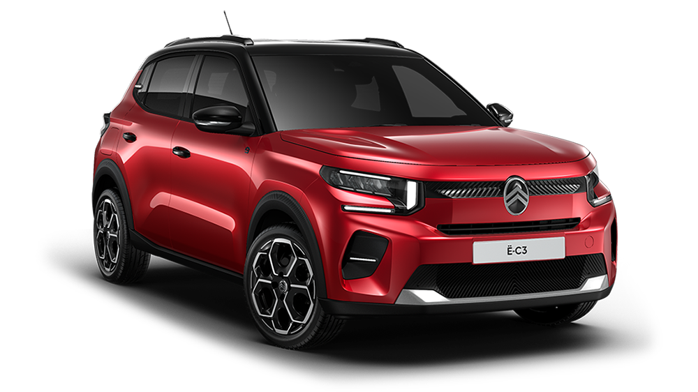 Citroën ë C3 red electric compact SUV shown in a front three quarter studio view on a transparent background.