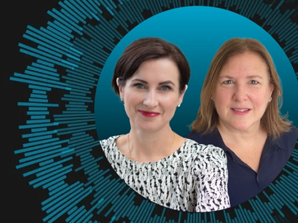 Headshots of Lauren Feery and Juliet Sotnick. Photographs set against a decorative dark background with blue radiating lines