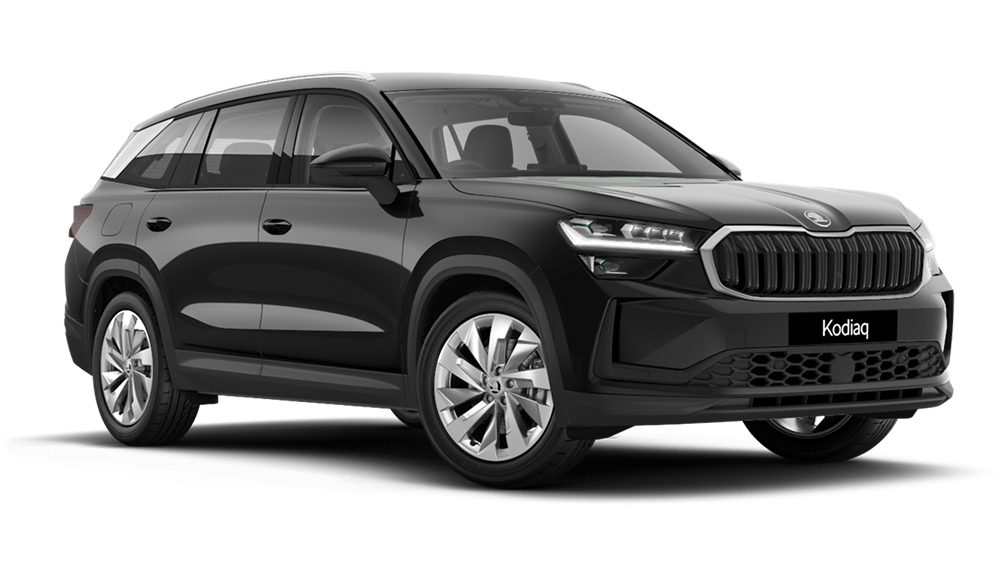 Black Škoda Kodiaq SUV shown from the front left angle on a plain light background. The vehicle features silver alloy wheels, roof rails and a prominent front grille.
