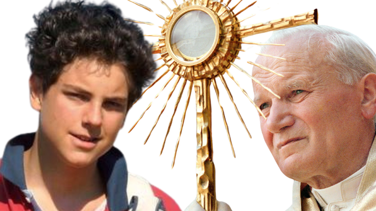 A picture of Carlo Acutis cropped next to a picture of Saint John Paul II holding a monstrance