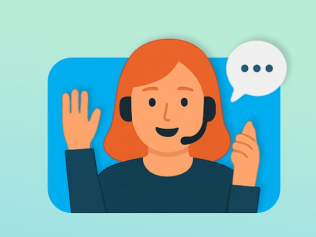 cartoon image of woman wearing headset with one hand waving and a speech bubble by her head