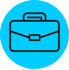 Icon that looks like a briefcase used for work, placed in cyan circle with the icon outlined in white