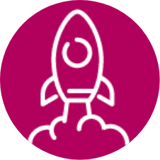 Icon that looks like a rocket taking off, placed in maroon circle with the icon outlined in white