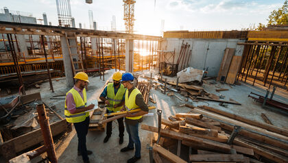 Group of architects and engineers wearing hard hats at a job site 