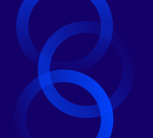 Abstract dark blue background with three overlapping, glowing blue ring shapes.