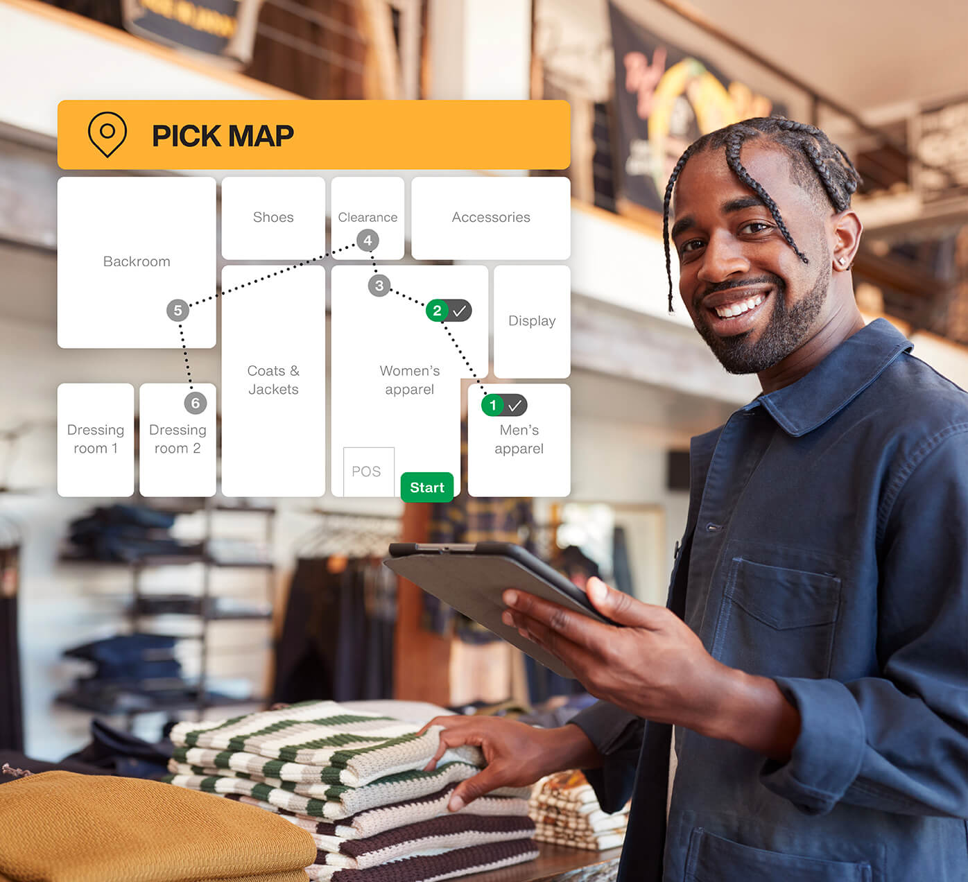 customized-picking-options.jpg Store associate looking at a pick up map in a warehouse for a customer order