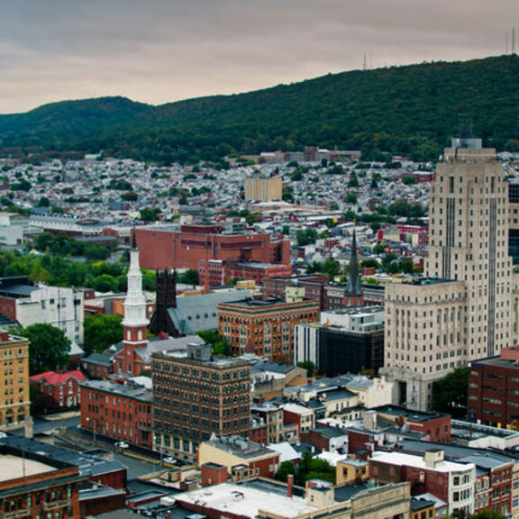 Aerial view of building in downtown Reading, Pennsylvania