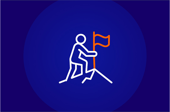 A white line-art icon on a dark blue background showing a stylized person climbing to the peak of a mountain and planting a flag with an orange pole and flag, symbolizing benefits, achievement, or reaching a goal.