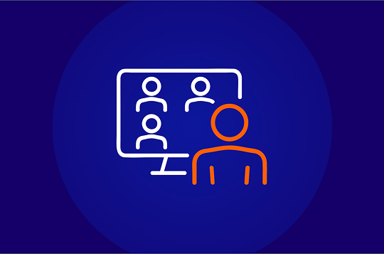 A white and orange line-art icon on a dark blue background showing a stylized person with an orange outline in front of a computer monitor displaying a video conference with four other stylized people, symbolizing online training or a virtual meeting.