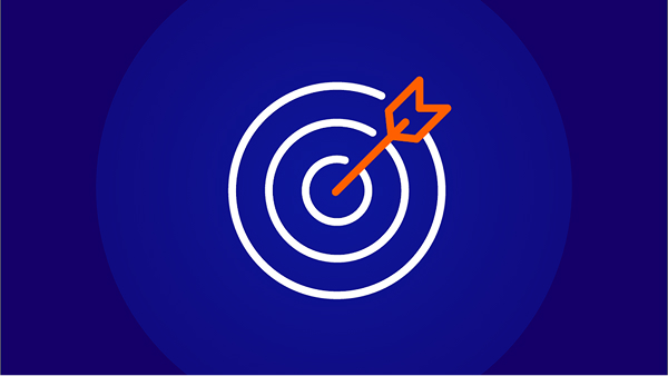 A line art icon of a white target with an orange arrow hitting the bullseye, set against a dark blue circular background.