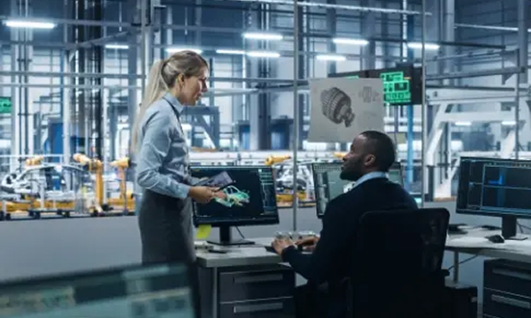 A woman holds a tablet while talking to a man seated at a desk with two computer screens displaying engineering designs, inside a modern manufacturing facility.