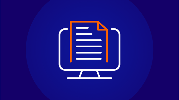An icon showing a white computer monitor displaying a document with an orange outline, on a dark blue background.