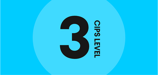 A graphic showing the number "3" in black text inside a bright blue circle, with the words "CIPS LEVEL" written vertically, on a bright blue background.
