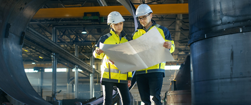 Two engineers in hard hats and high-visibility jackets review blueprints on the floor of a large manufacturing or industrial facility with large metal structures.