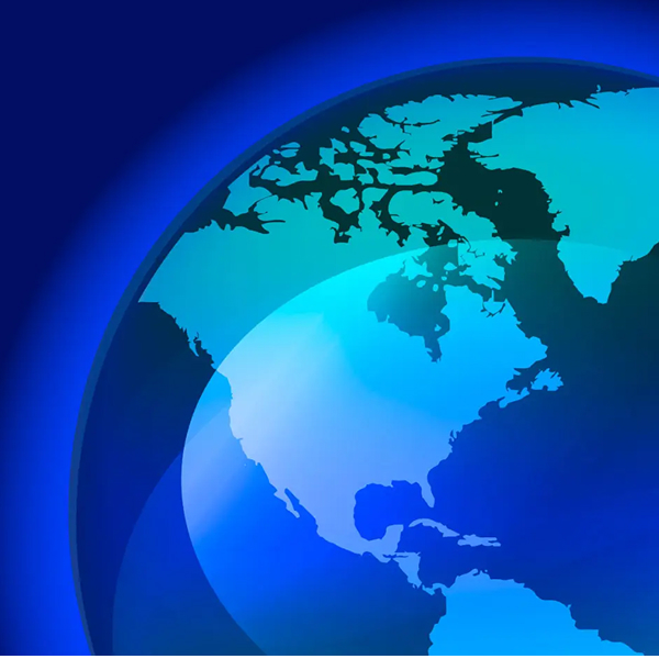 A close-up, abstract, digital illustration of a globe, primarily showing North America and parts of South America, rendered in shades of teal and dark blue with a glassy, reflective finish.