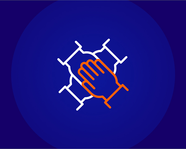 A line icon on a dark blue background showing four hands interlocking in the center of the image, with one hand outlined in orange and the other three in white, symbolizing collaboration and charity.
