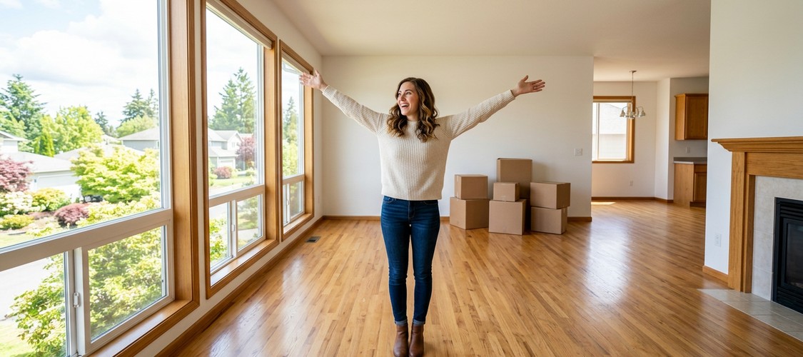 A woman smiling and holding her hands out as she stands in a living room that's empty except for some boxes stacked against a wall.