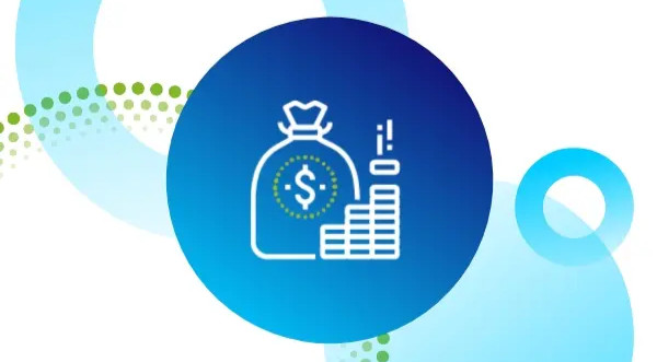 Abstract illustration of a money bag and stacked coins symbolizing financial growth or analysis, set against overlapping blue circles and dotted green arcs.”