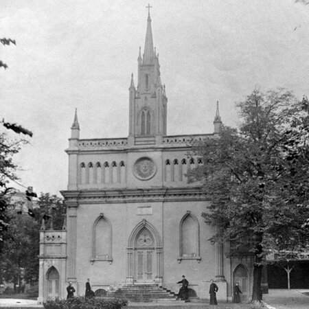 Exterior facade of St. Mary's Seminary Chapel c. 1890 in Baltimore, Maryland.