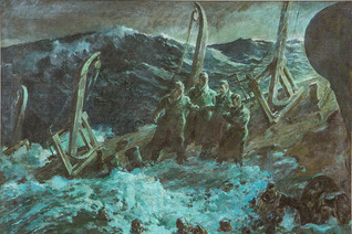 A painting by Dudley G. Summers depicts the Four Chaplains in prayer together on the deck of the torpedoed USAT Dorchester Feb. 3, 1943. Photo by Will Figg/Courtesy of the Four Chaplains Memorial Foundation