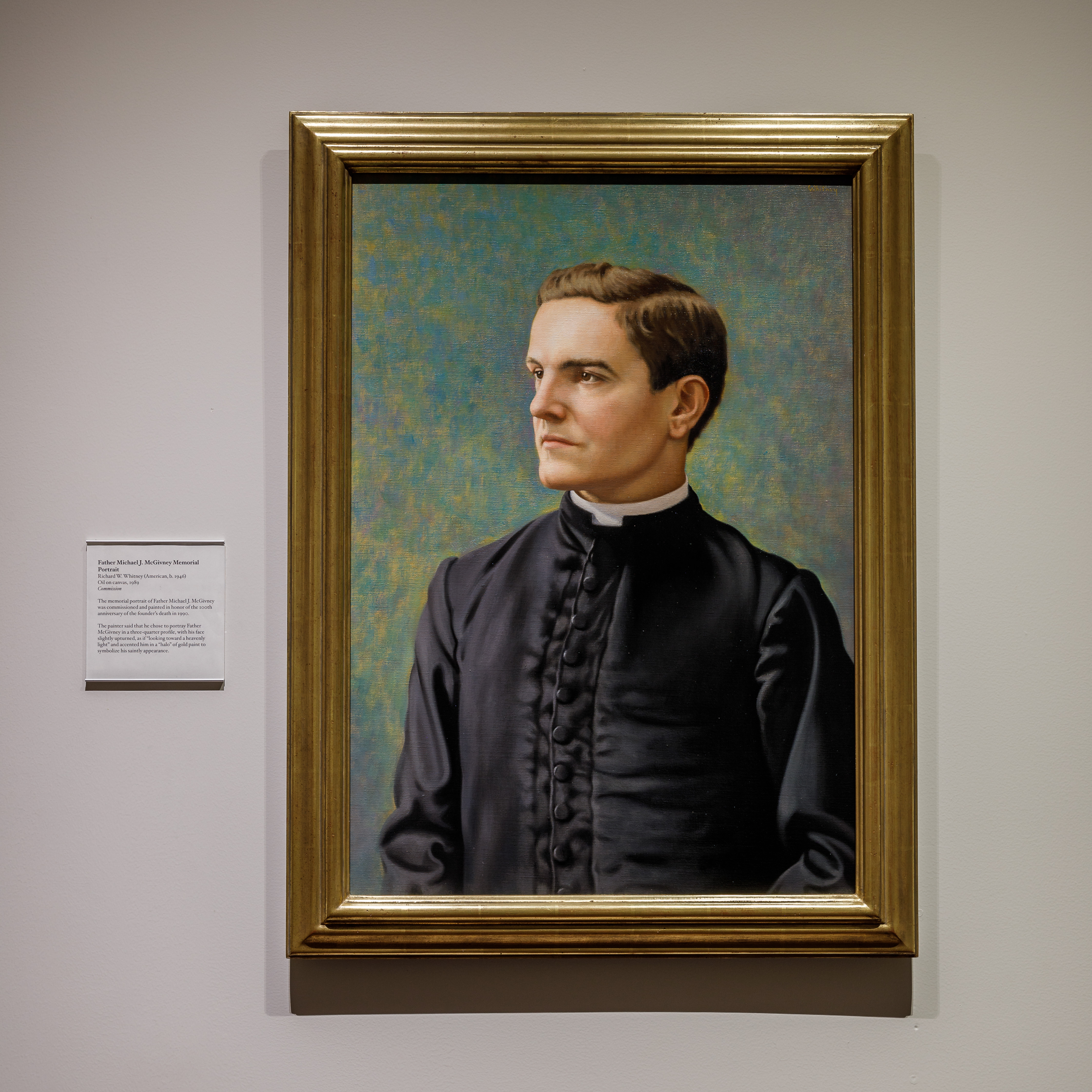 Portrait in profile of Father Michael J. McGivney by Richard Wheeler Whitney on exhibit at the McGivney Pilgrimage Center.