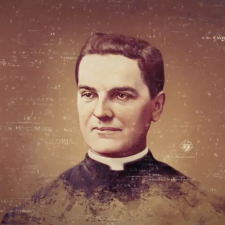 Stylized image of Chas Fagan's painting of Father McGivney. 