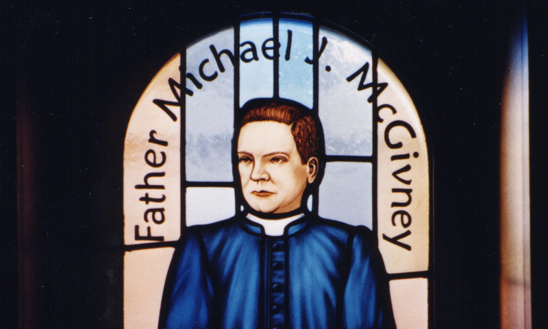 A stained-glass window of Father Michael J. McGivney at the Basilica of the National Shrine of the Immaculate Conception in Washington, D.C.